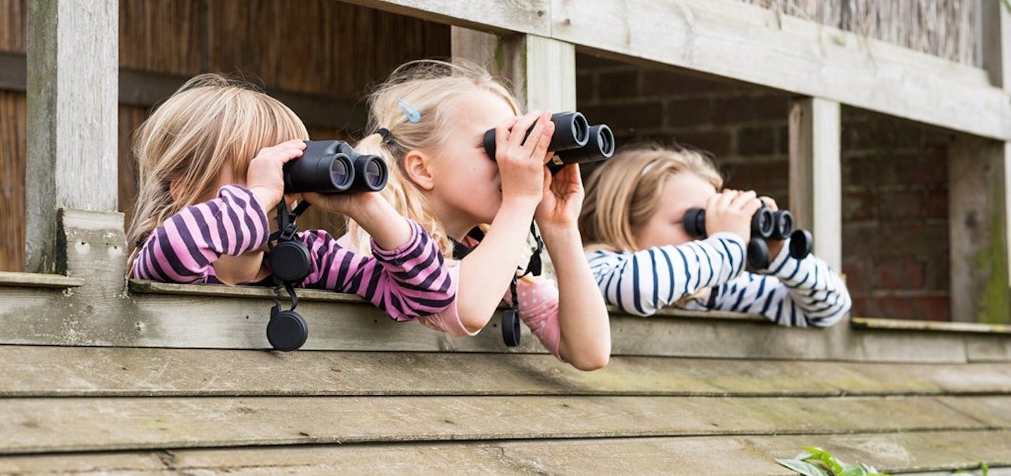 raparigas a olhar por binóculos num observatório de aves