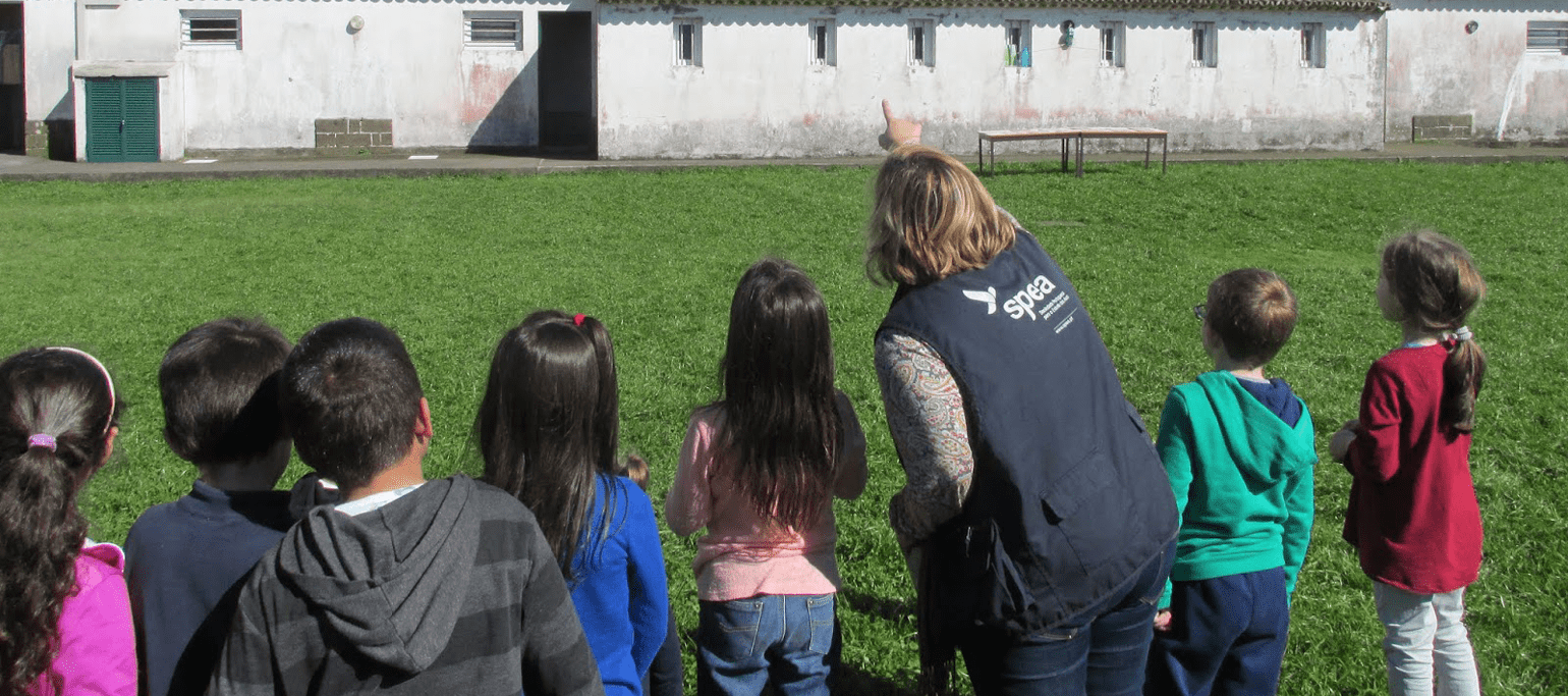 técnica SPEA a apontar para uma ave para um grupo escolar ver