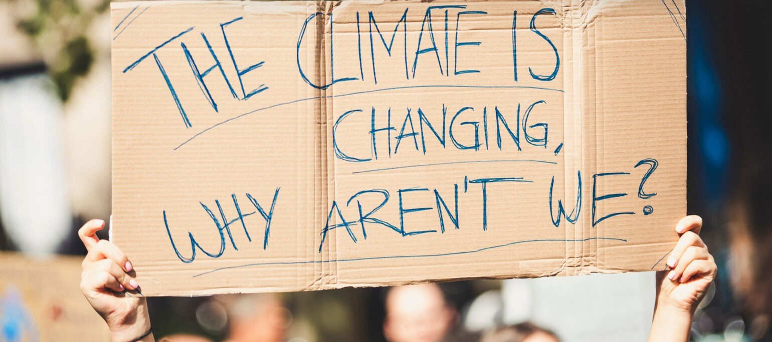 pessoa em protestos da greve climática, segurando cartaz que diz 