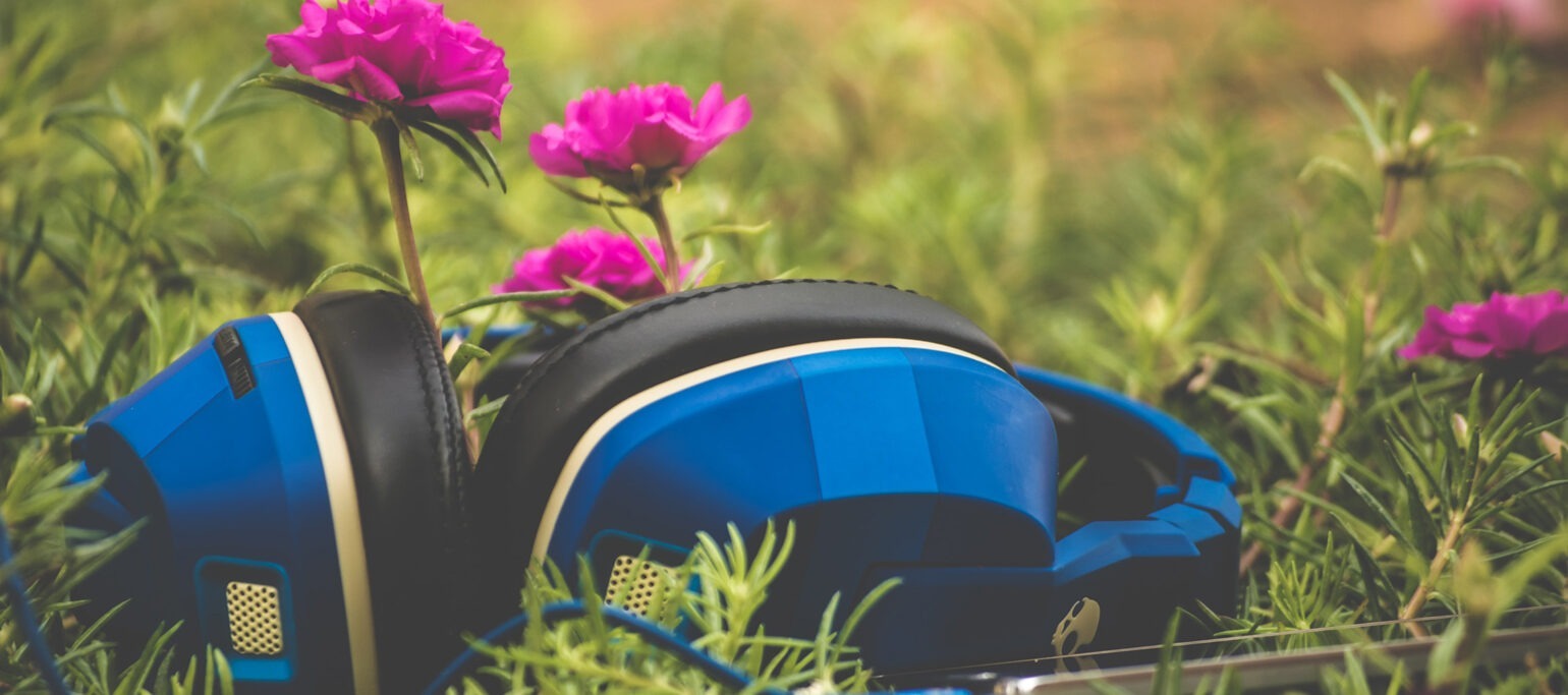 headphones num campo florido