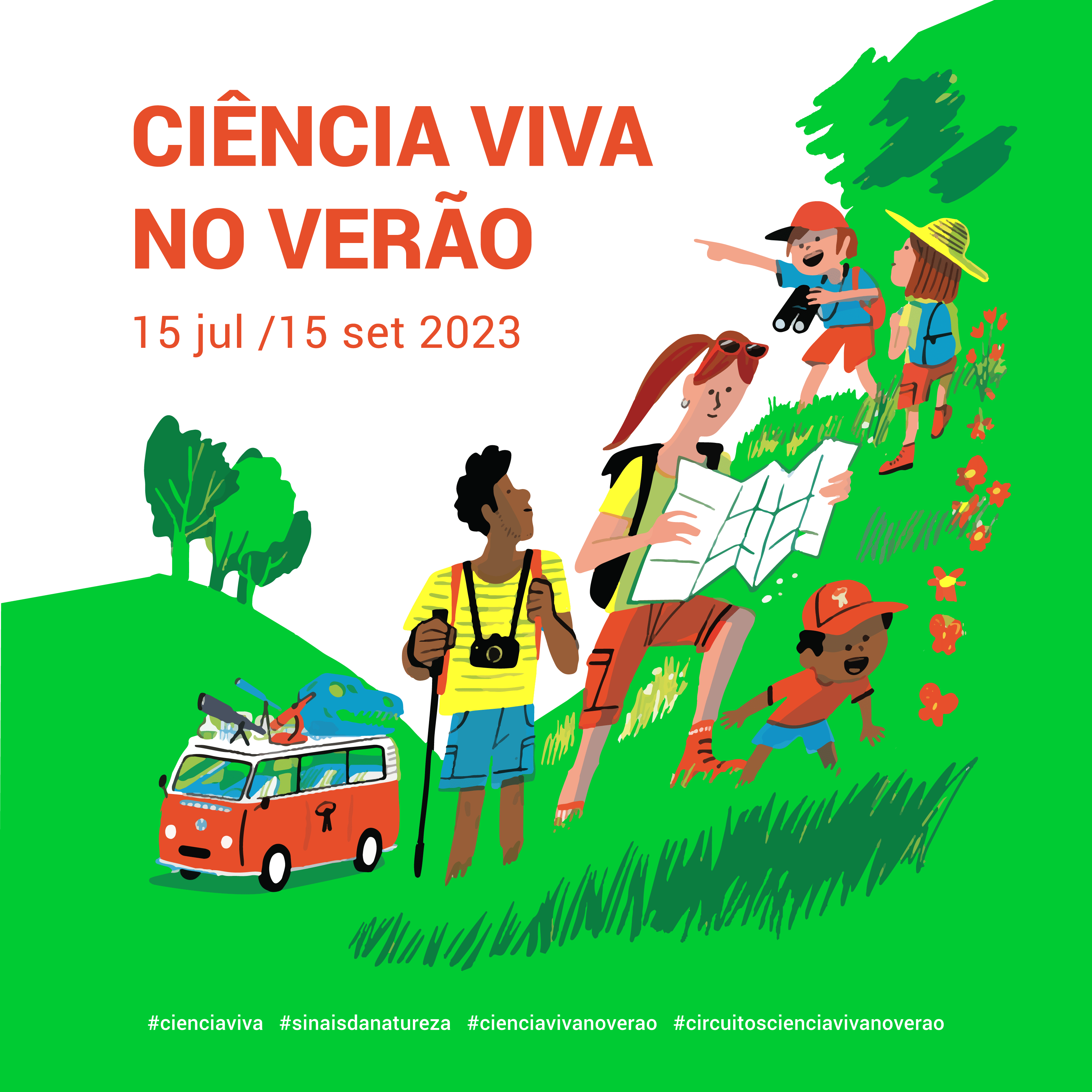 cartaz ciência viva no verão 2023, com ilustração de família a explorar a natureza 
