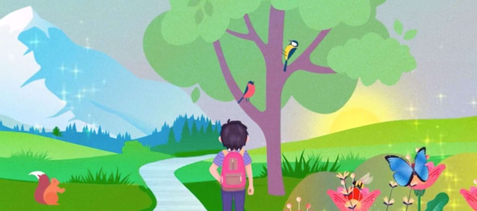 screenshot do vídeo RestoreNature mostrando uma ilustração de uma criança a passear na Natureza com borboletas, flores, um rio e uma árvore