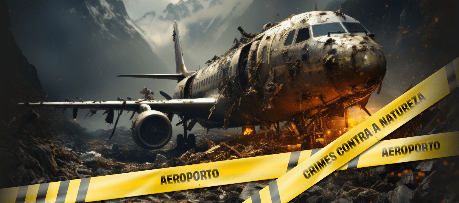 cenário apocalíptico com avião despenhado a arder, com fitas de cena de crime com as palavras 