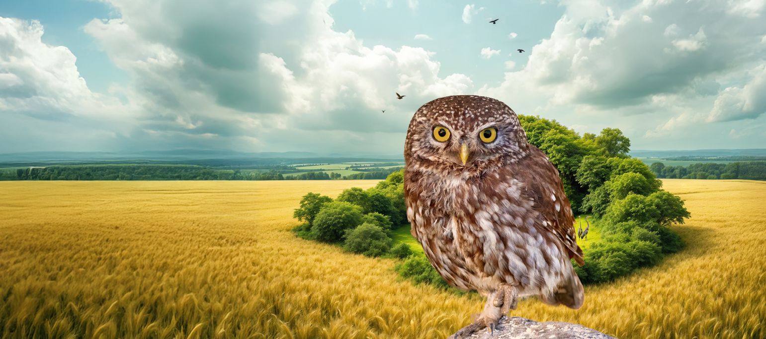 mocho-galego com imagem da campanha Rede de Santuários para Aves como fundo