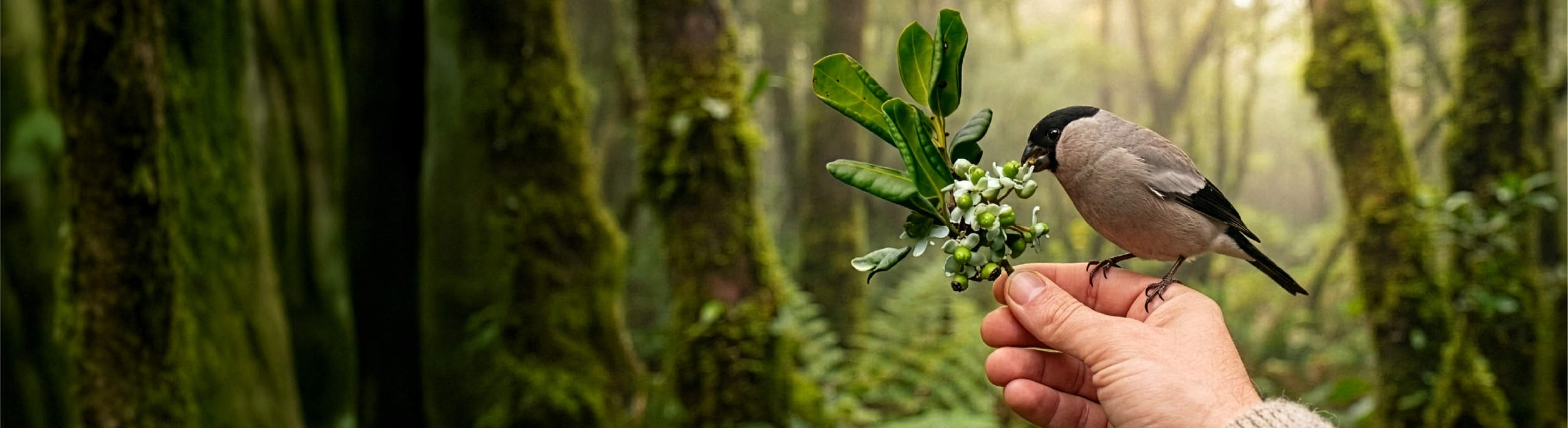 mão a segurar azevinho dos açores em flor, com priolo pousado nela e floresta em pano de fundo. Imagem gerada por IA